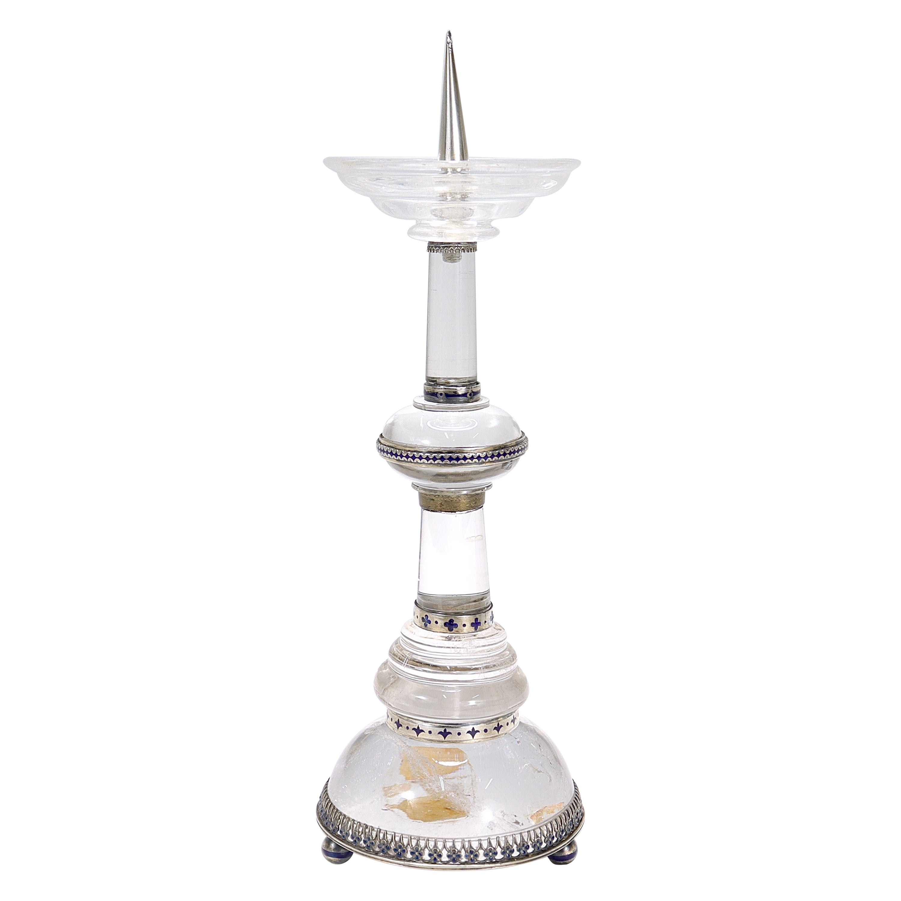 Antique Austrian Rock Crystal, Silver, and Blue Enamel Pricket Candlestick For Sale