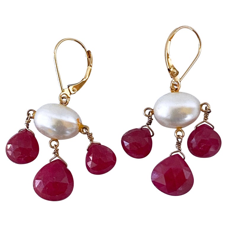 Marina J. Ruby, Pearl and 14k Yellow Gold Lever Back Chandelier