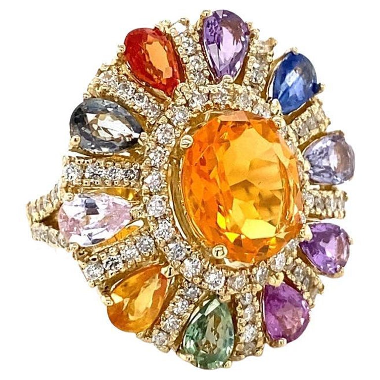 7.98 Carat Natural Fire Opal Sapphire Diamond Yellow Gold Cocktail Ring