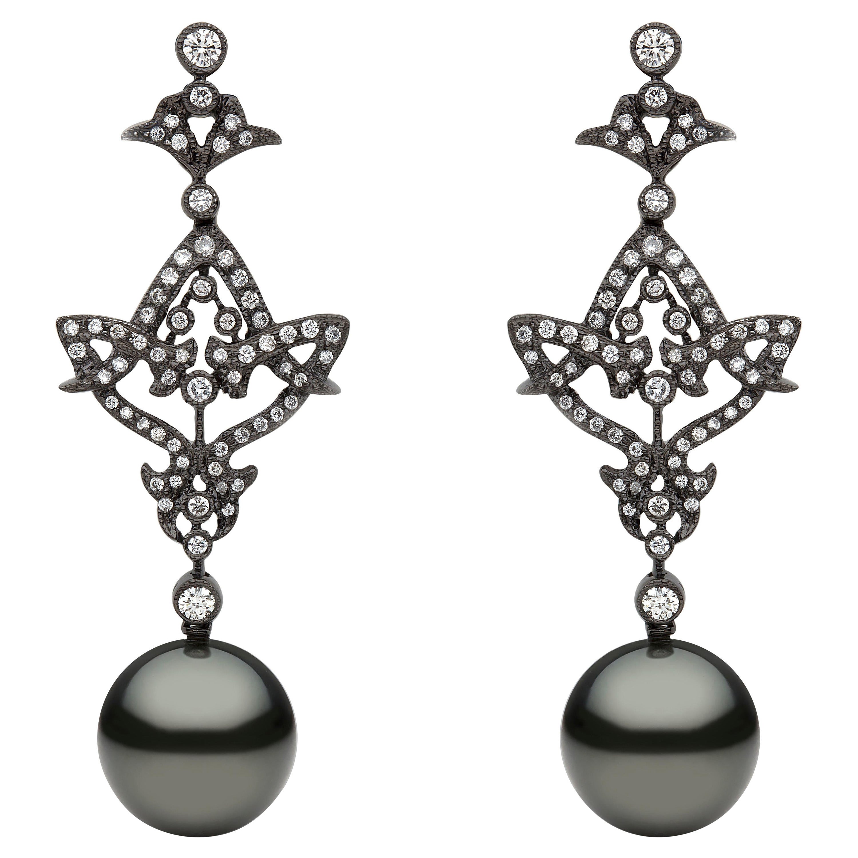 Yoko London Tahitian, Diamond and Black Gold Drop Earrings For Sale