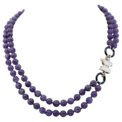 Amethysts, White Stones, Rubies, Onyx, Rose Gold and Silver Retrò Necklace