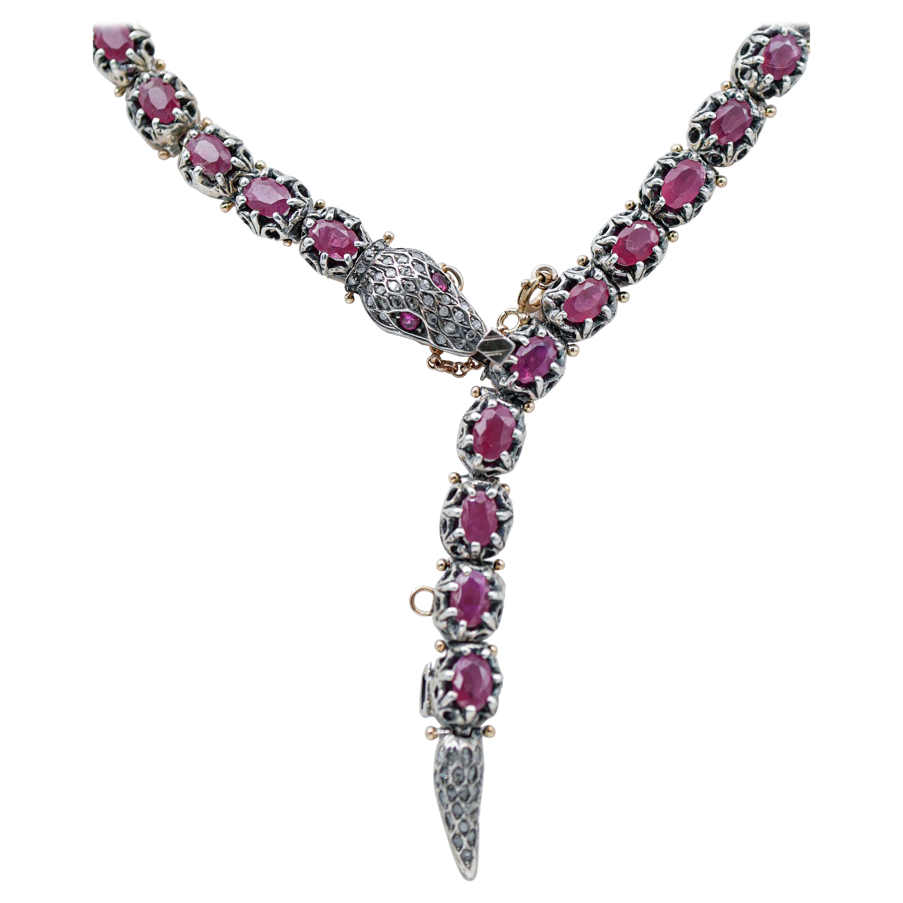 Rubies, Diamonds, Stones, Rose Gold and Silver Retro Snake Necklace