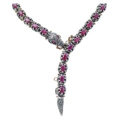 Rubies, Diamonds, Stones, Rose Gold and Silver Vintage Snake Necklace