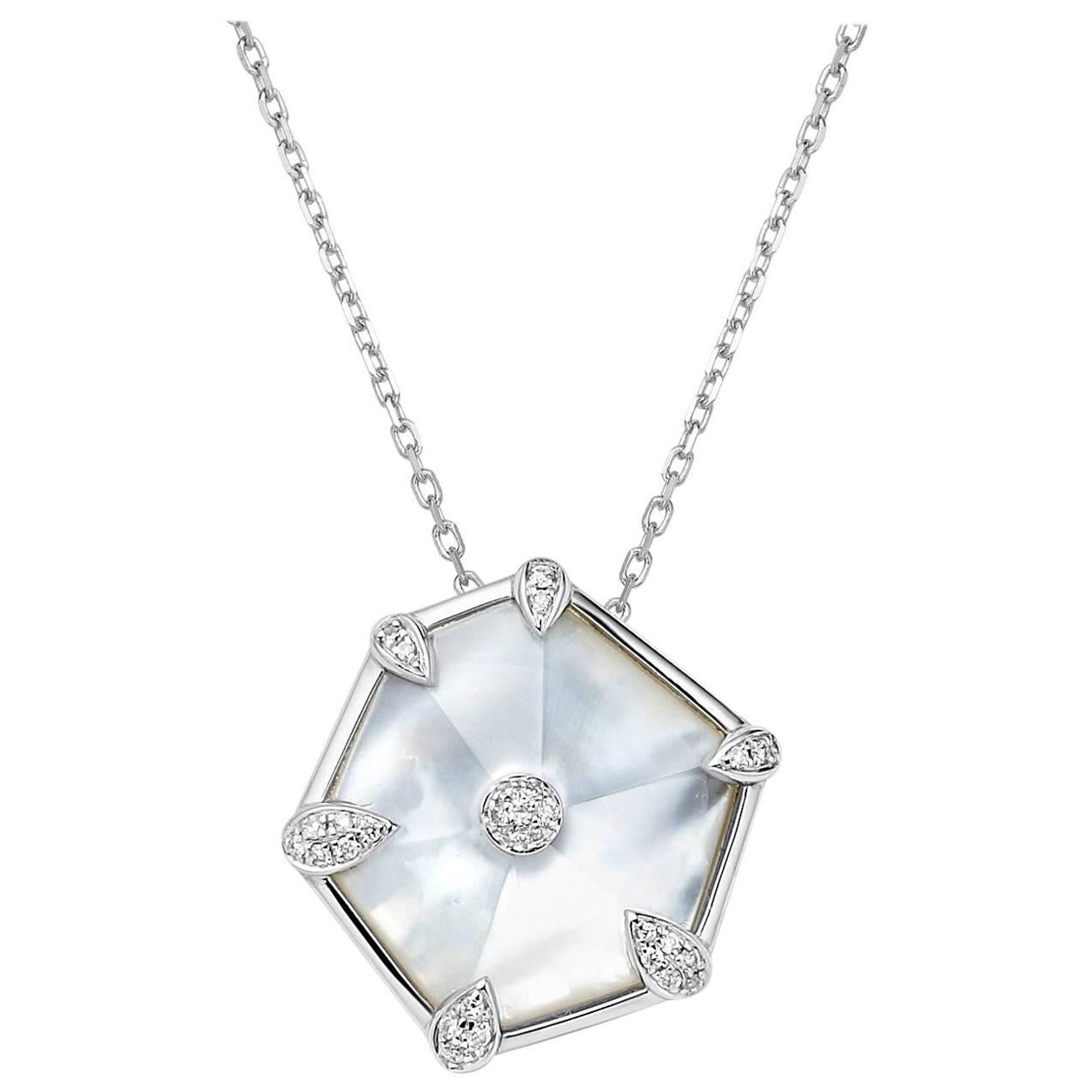 Fei Liu Mother of Pearl Diamond 18 Karat White Gold Hexagon Pendant Necklace