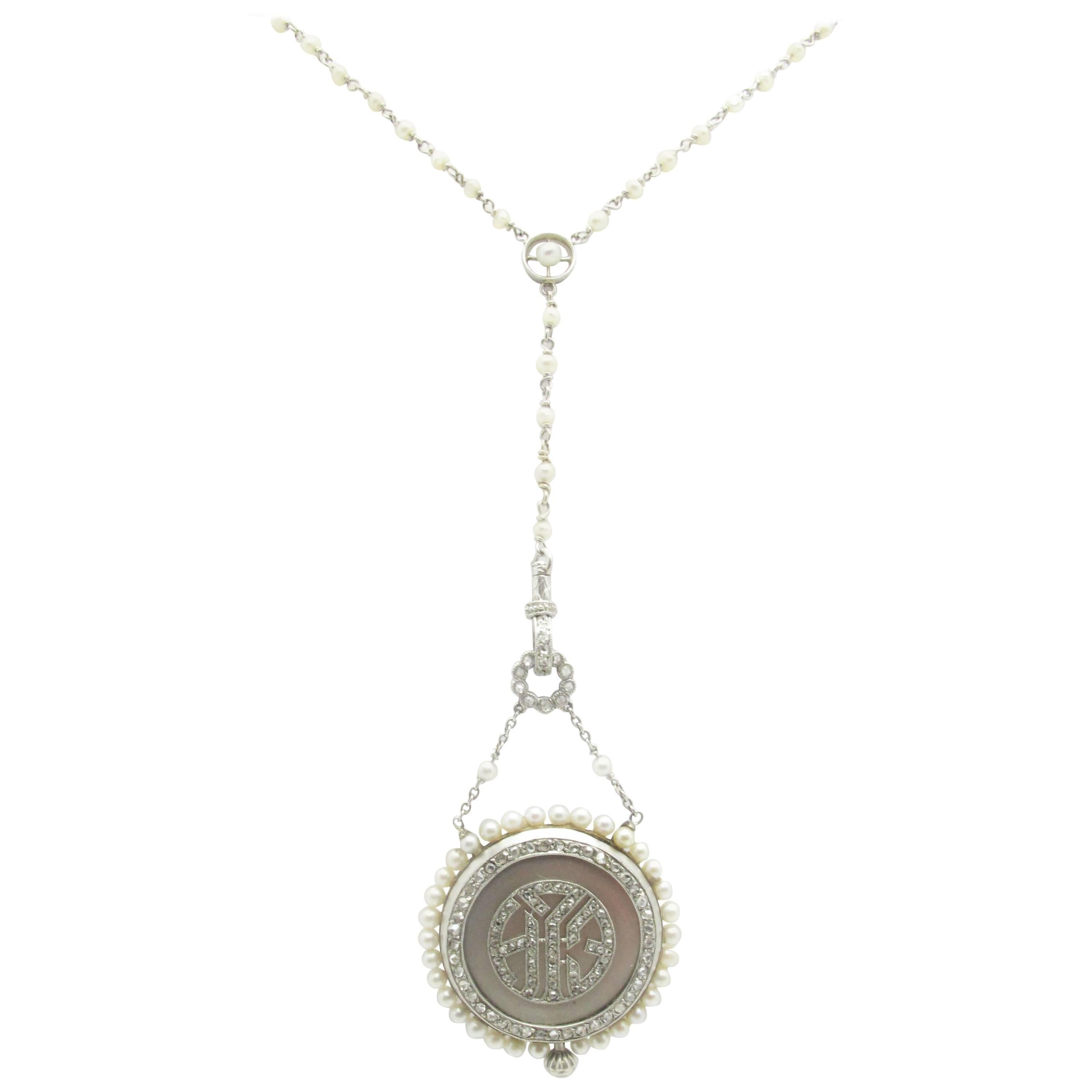Edwardian Seed Pearl Diamond Platinum Watch Pendant Necklace 