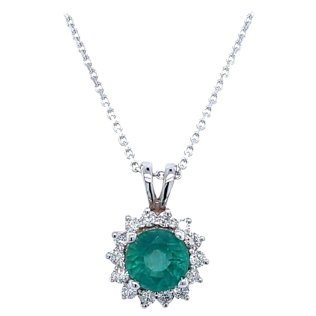 Natural Emerald Diamond Pendant with Chain 14k White Gold 2 TCW Certified For Sale