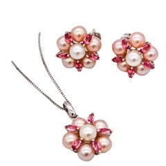 Contemporary Earrings Necklace Suite 14Kt Gold 1.07 Cts In Pink Sapphires Pearls