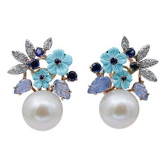 South-Sea Pearls, Sapphires, Diamonds, Turquoise, 14Kt White and Rose Gold Earrings