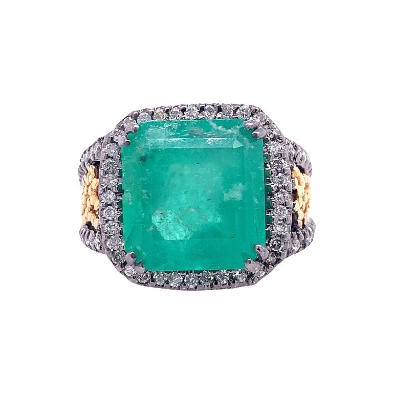 RUCHI 11.63 Carat Colombian Emerald & Diamond Black Gold Cocktail Ring For Sale