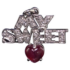 Antique Art Deco Platinum Diamond and Natural Ruby My Sweet Heart Charm