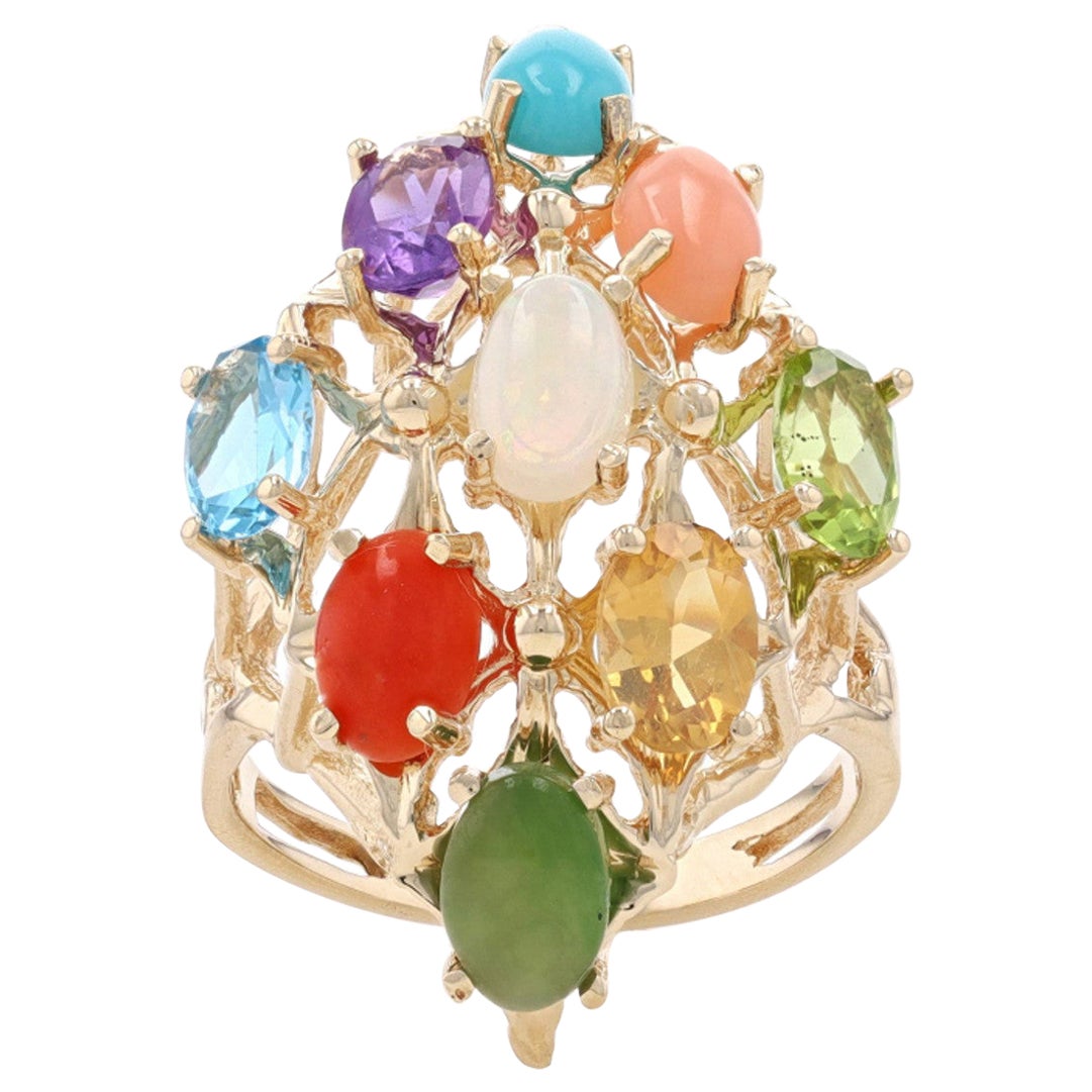 Yellow Gold Blue Topaz Jadeite Peridot Cluster Cocktail Ring 14k Oval 2.90ctw For Sale