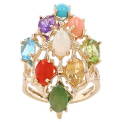 Vintage Yellow Gold Blue Topaz Jadeite Peridot Cluster Cocktail Ring 14k Oval 2.90ctw