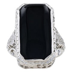 White Gold Onyx Art Deco Cocktail Solitaire Ring 18k Vintage Floral Filigree