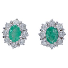 Emeralds,Diamonds,Platinum Stud Earrings.