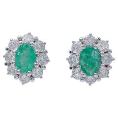 Emeralds, Diamonds, Platinum Stud Earrings.