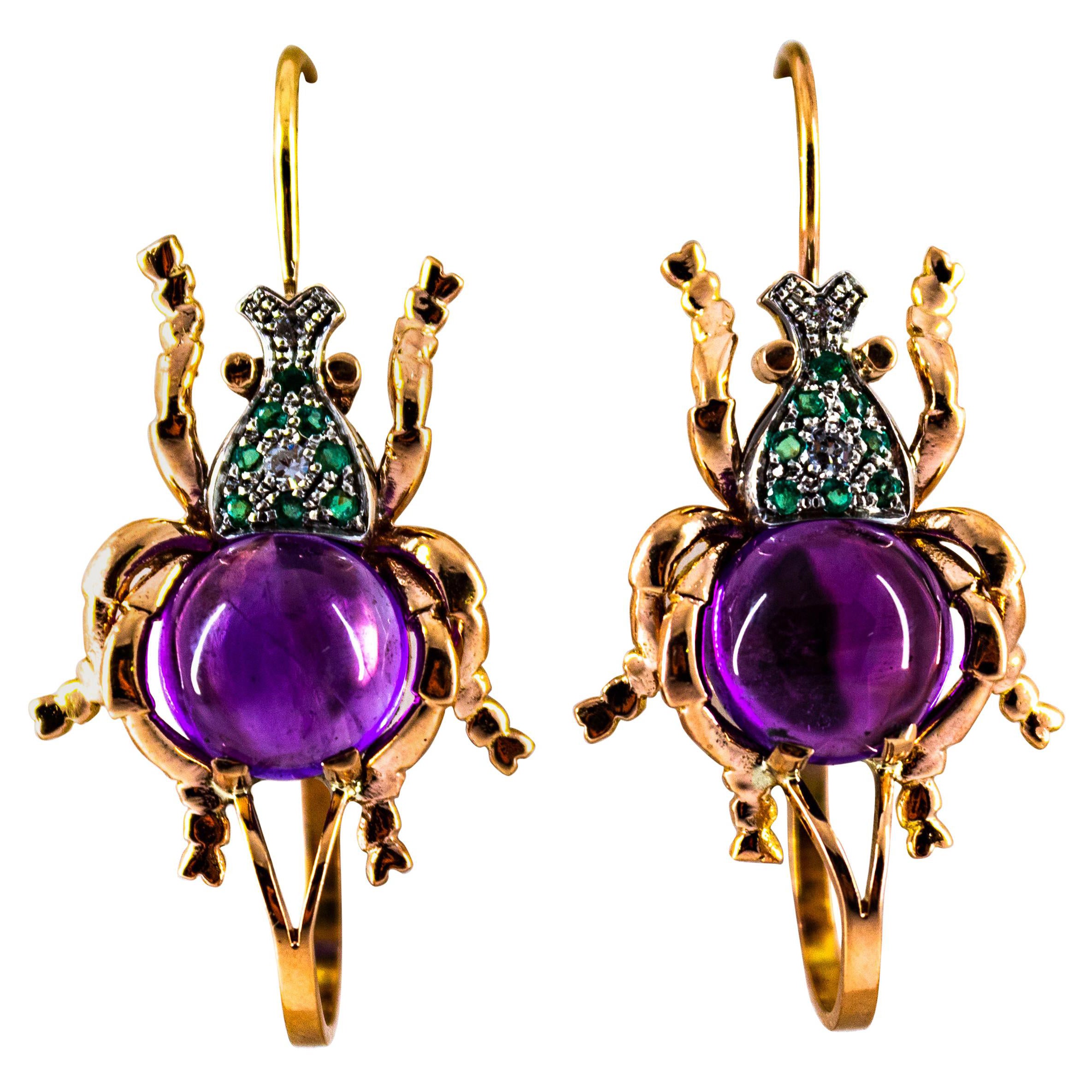 Art Nouveau Style White Diamond Emerald Amethyst Yellow Gold Lever-Back Earrings For Sale