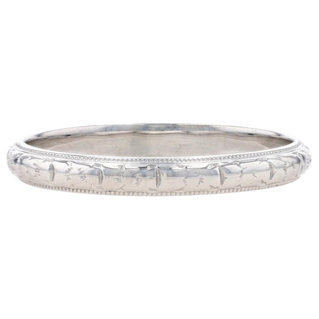 White Gold Art Deco Floral Wedding Band 18k Vintage Milgrain Ring For Sale
