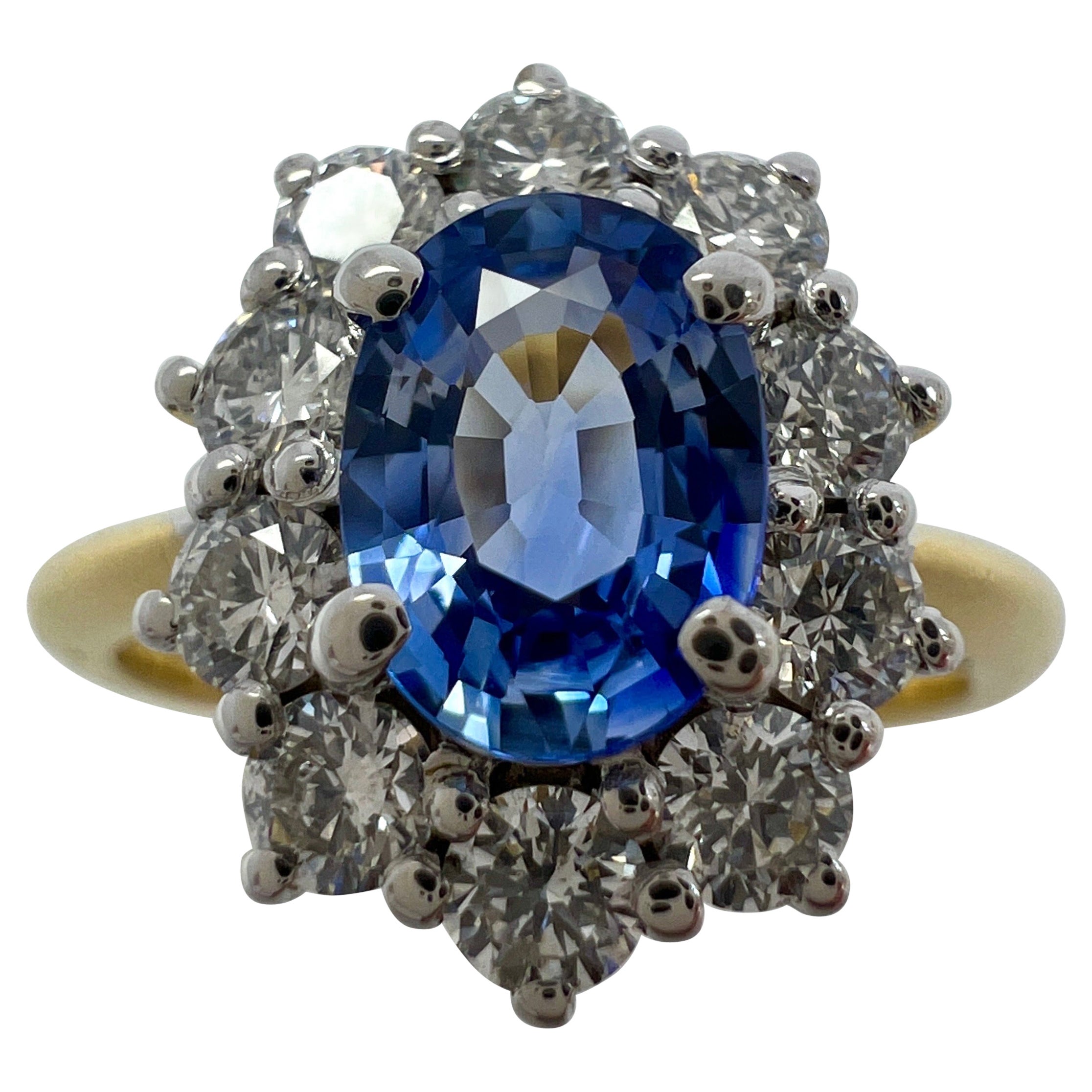 1.62ct Fine Vivid Blue Ceylon Sapphire & Diamond Cluster Cocktail 18k Gold Ring For Sale