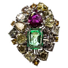 Art Deco Stil Gemischter Schliff Diamant Smaragd Birnenschliff Rubin Weißgold Cocktail Ring