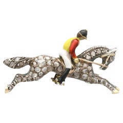 1930s Diamond and Enamel 12k Yellow Gold Jockey Brooch