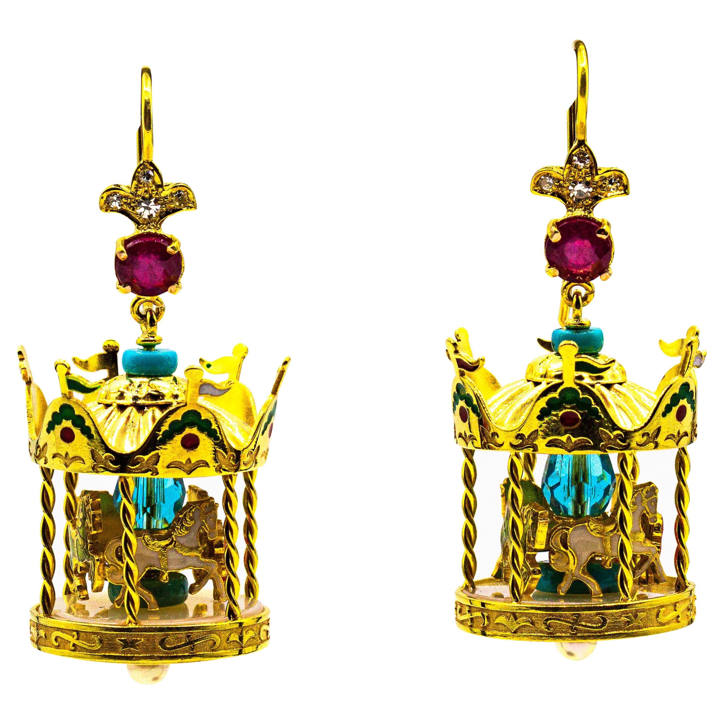 White Diamond Ruby Pearl Enamel Turquoise Yellow Gold Stud "Carousel" Earrings For Sale