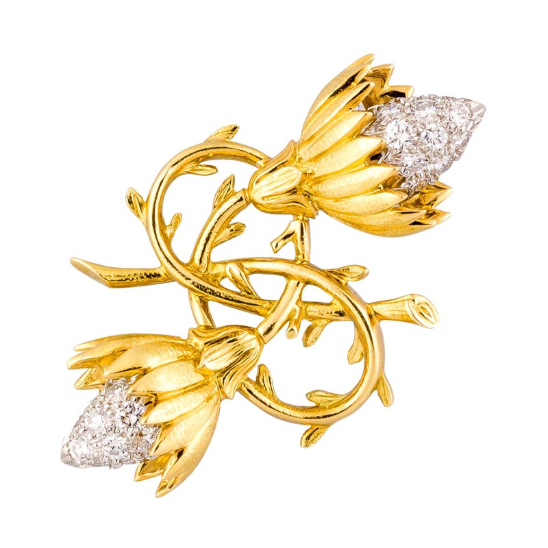 Tiffany & Co. Schlumberger Diamond 18k Gold Platinum Twin Buds Brooch Pin