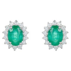 Oval Emerald Diamond Halo Classic Stud Earrings 14K White Gold Princess Diana