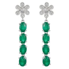 3.47 Carat Oval Emerald Flower Drop Earring with Diamond 0.10 14K White Gold