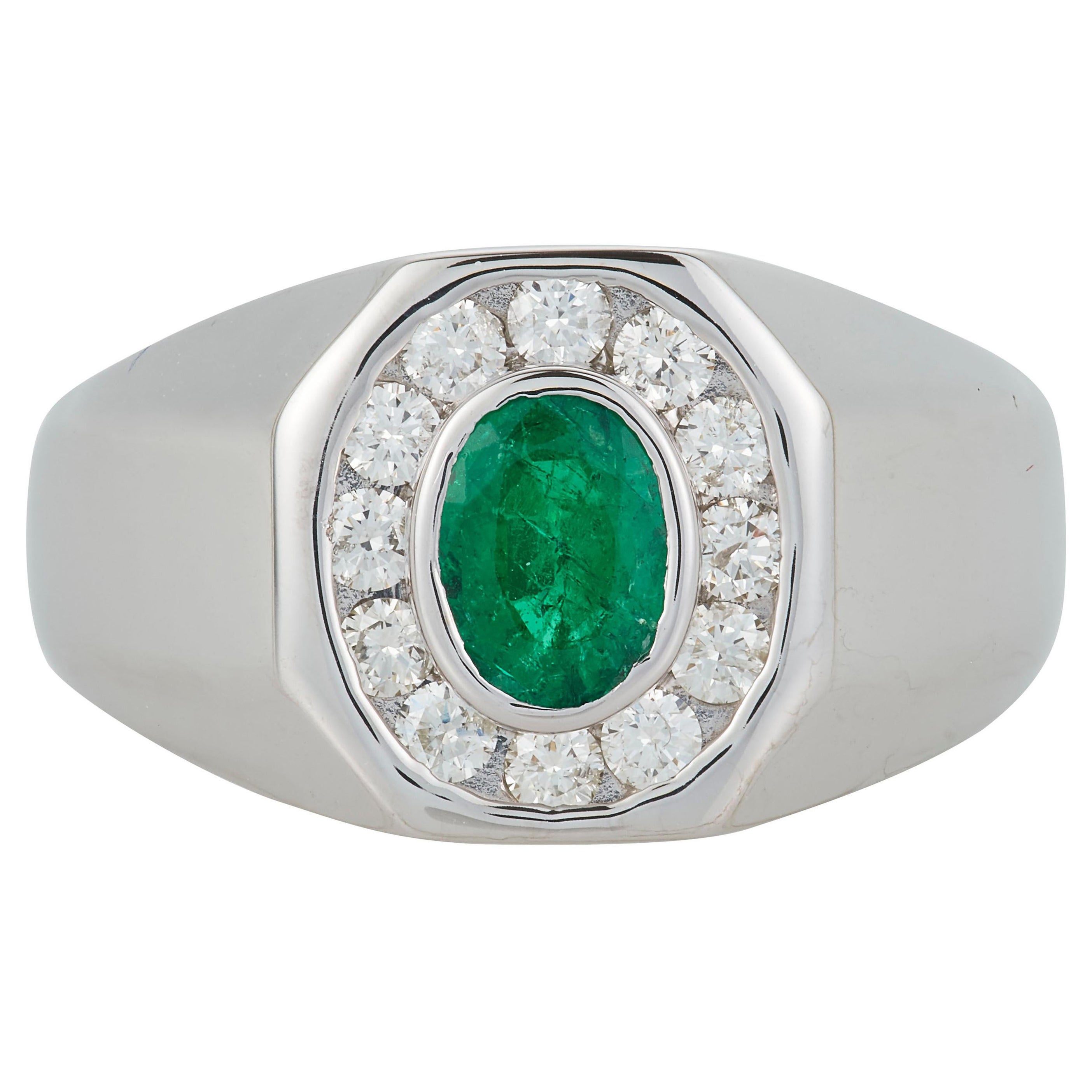 Oval Emerald Bezel Diamond Halo Mens Gents Unisex Ring Band 14K White Gold For Sale