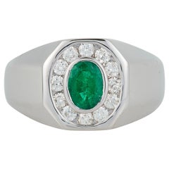 Oval Emerald Bezel Diamond Halo Mens Gents Unisex Ring Band 14K White Gold