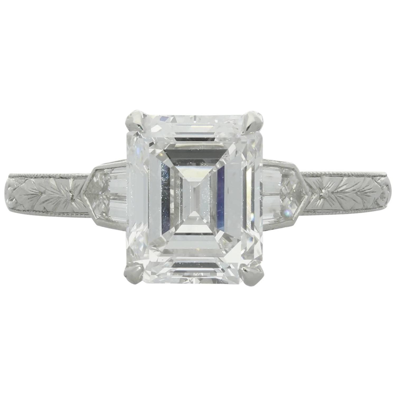 2.02ct D VS2 Emerald Cut Diamond Solitaire Bullet Diamond Shoulder Ring