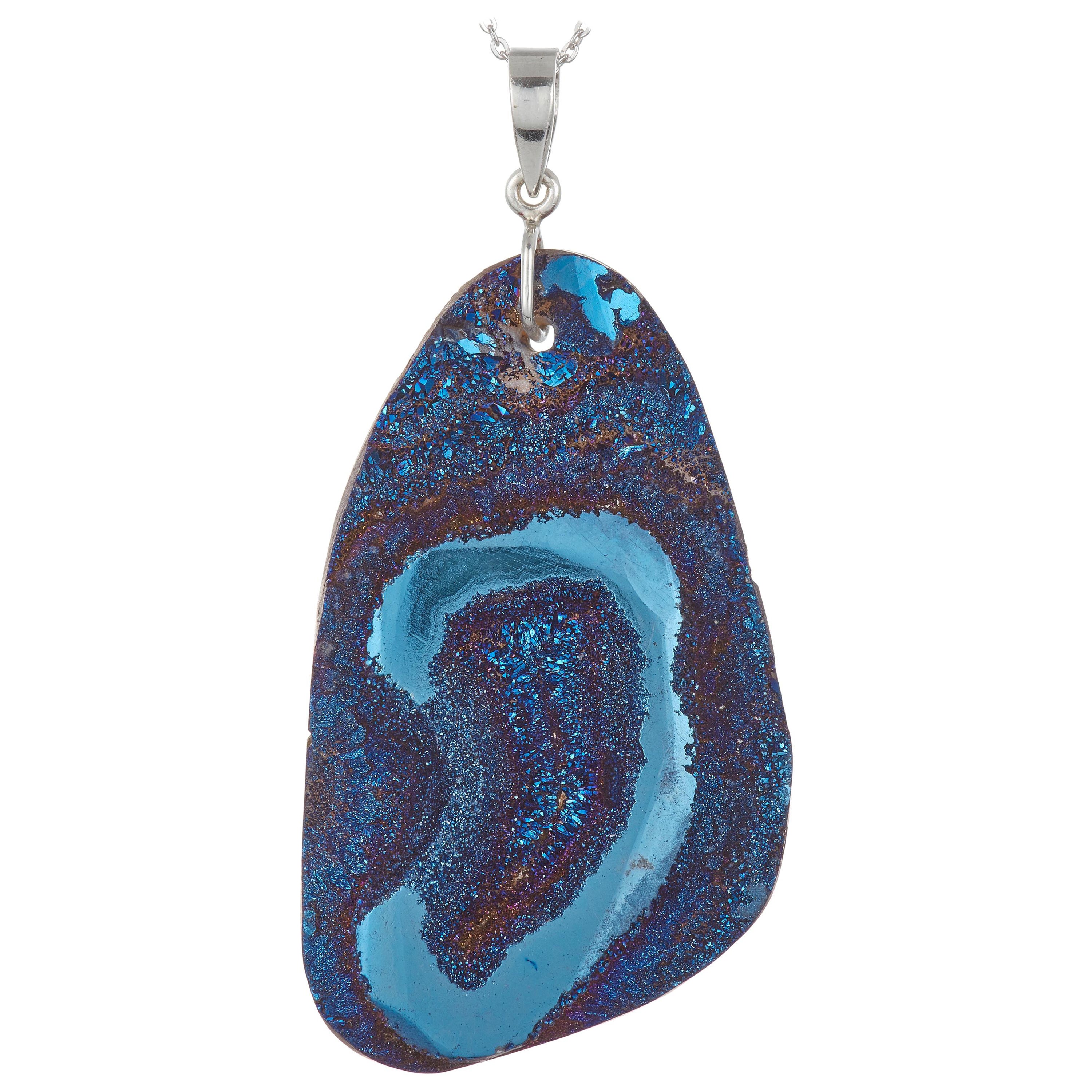 Blue Teal and Silver Druzy Pendant on Chain