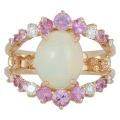 Oval Opal Pink Sapphire White Diamond Split Shank Fashion Ring 14 Karat Yellow