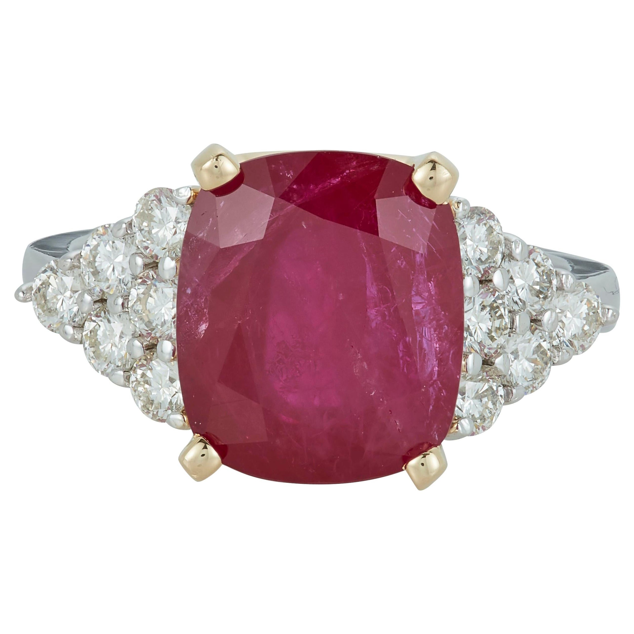 6.55 Carat Cushion Cut Ruby Diamond Cocktail Ring 14K White Yellow Two-Tone Gold For Sale
