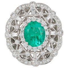 Oval Emerald Cluster Diamond Art Deco Style Engagement Ring 18 Karat Gold