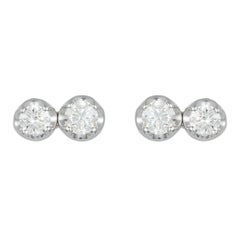 Two Stone Round Brilliant Diamond Ear Climber Stud Earrings 14K White Gold