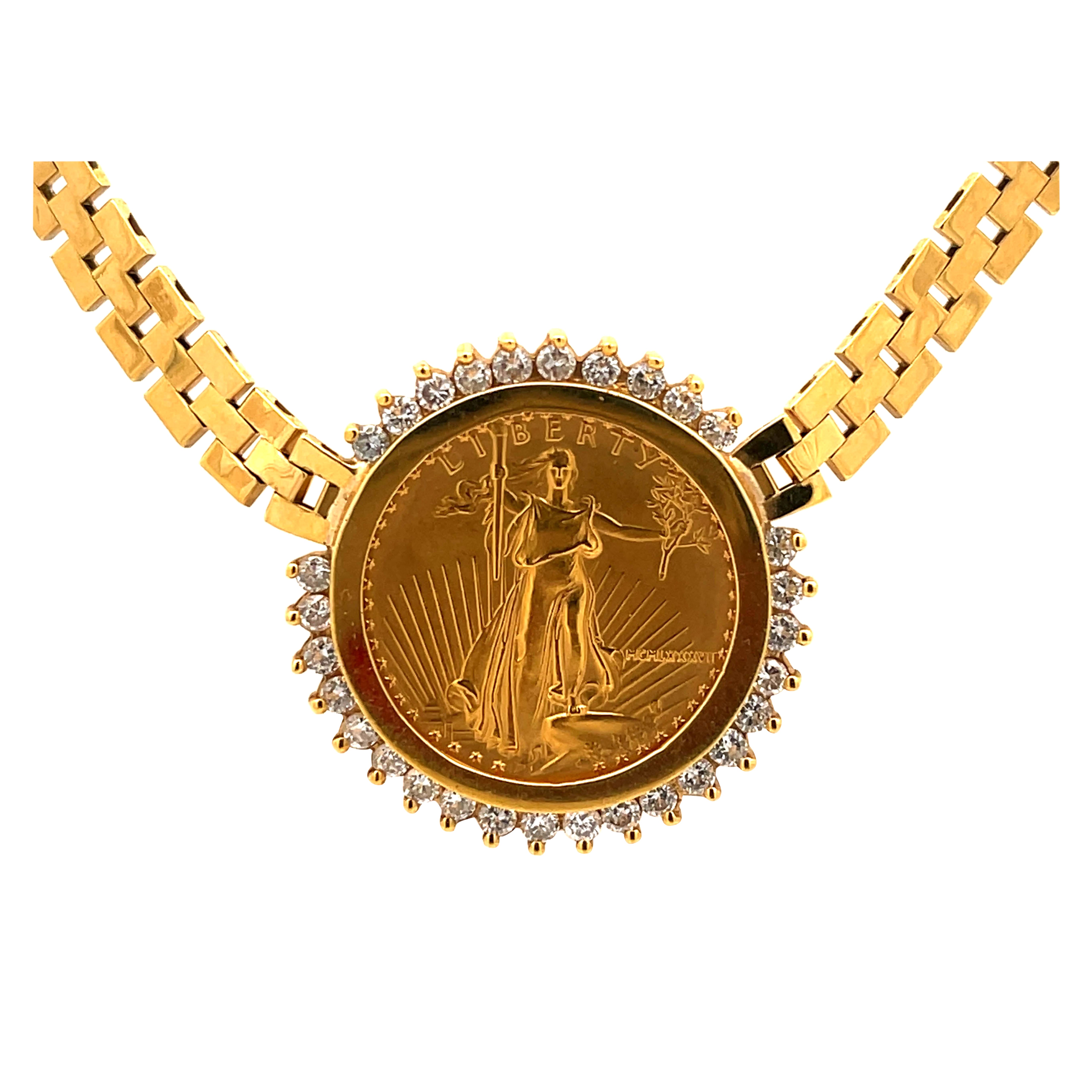 1987 American Eagle $10 Gold Coin in 18k Gold Diamond Halo Necklace
