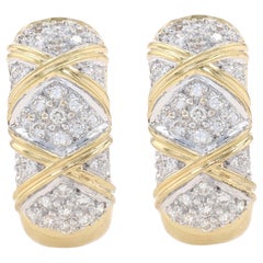 Yellow Gold Pavé Diamond Cluster J-Hoop Earrings 18k 1.20ctw Crossover Lattice