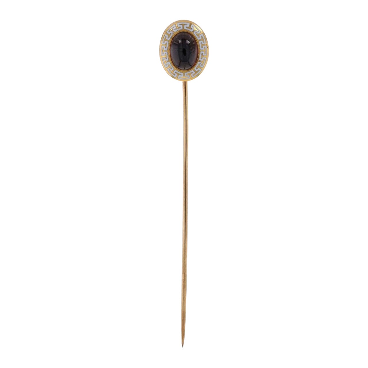 Gelbgold Granat Edwardian Solitär Stickpin 14k Oval Griechischer Schlüssel Antik