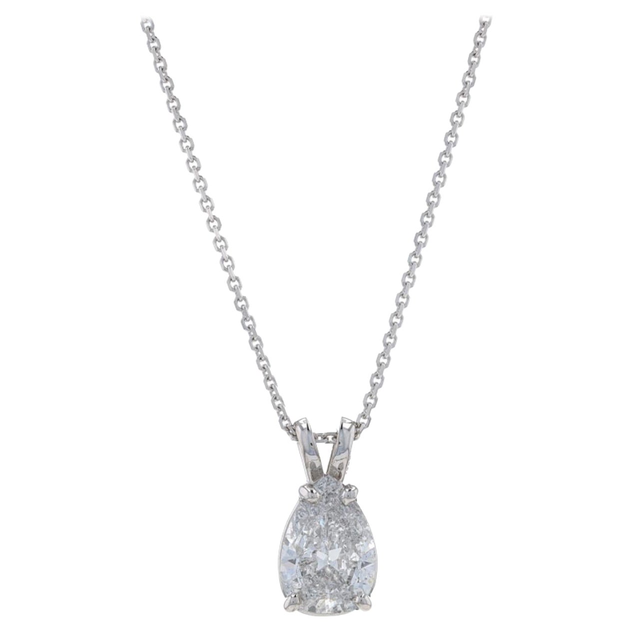 White Gold Diamond Solitaire Pendant Necklace 14k Pear 1.30ct Adjustable For Sale