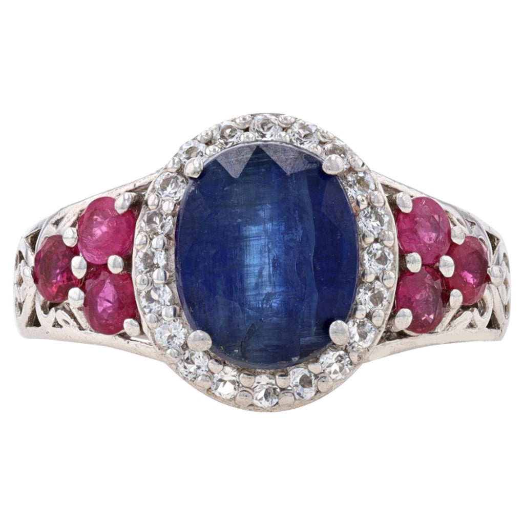 Sterling Silver Kyanite, Ruby, & White Topaz Halo Ring 925 Oval Cut