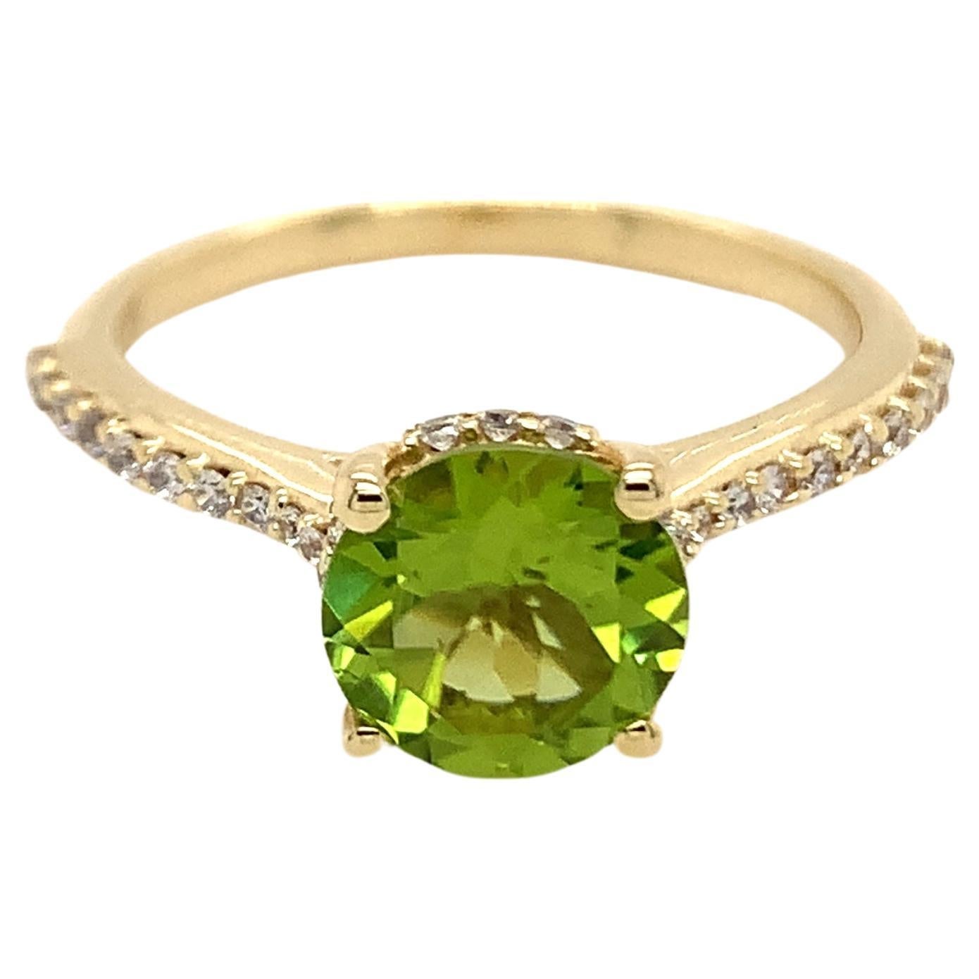 Round Natural Peridot And CZ Yellow Gold over Sterling Silver Ring For Sale
