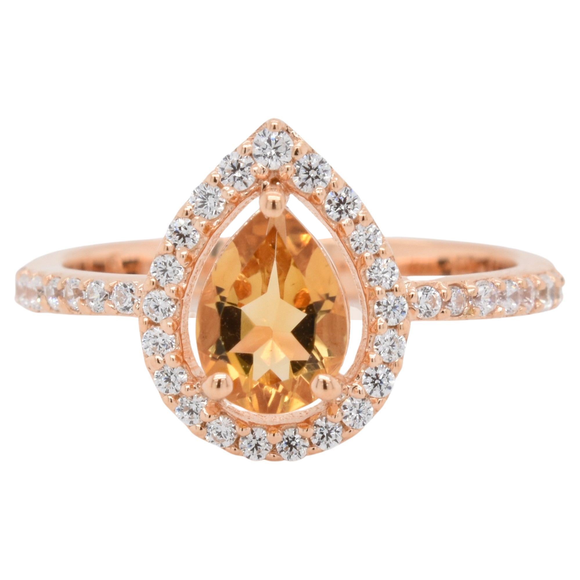 Pear Natural Citrine And CZ Rose Gold over Sterling Silver Ring For Sale