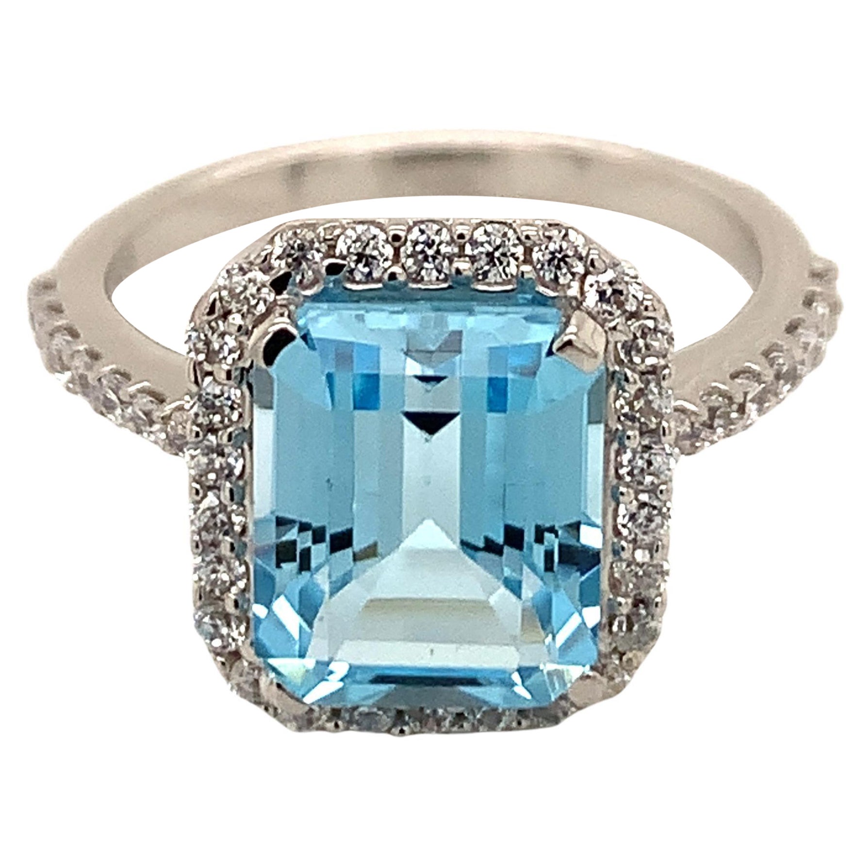 Octagon Natural Sky Blue Topaz And CZ Rhodium over Sterling Silver Ring For Sale