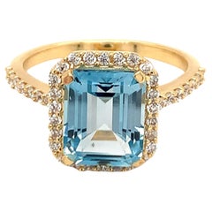 Octagon Natural Sky Blue Topaz with Cz, Yellow Gold over Sterling Silver Ring