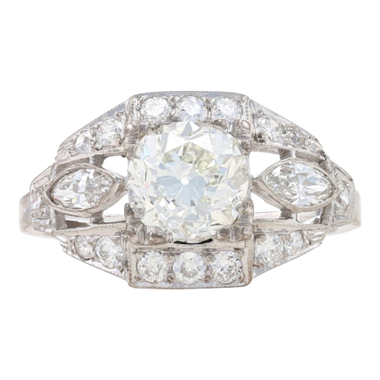 White Gold Diamond Art Deco Ring 18k European/Cushion Brilliant 1.69ctw GIA For Sale