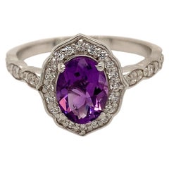 Oval Natural Amethyst with Cz, Rhodium over Sterling Silver Ring