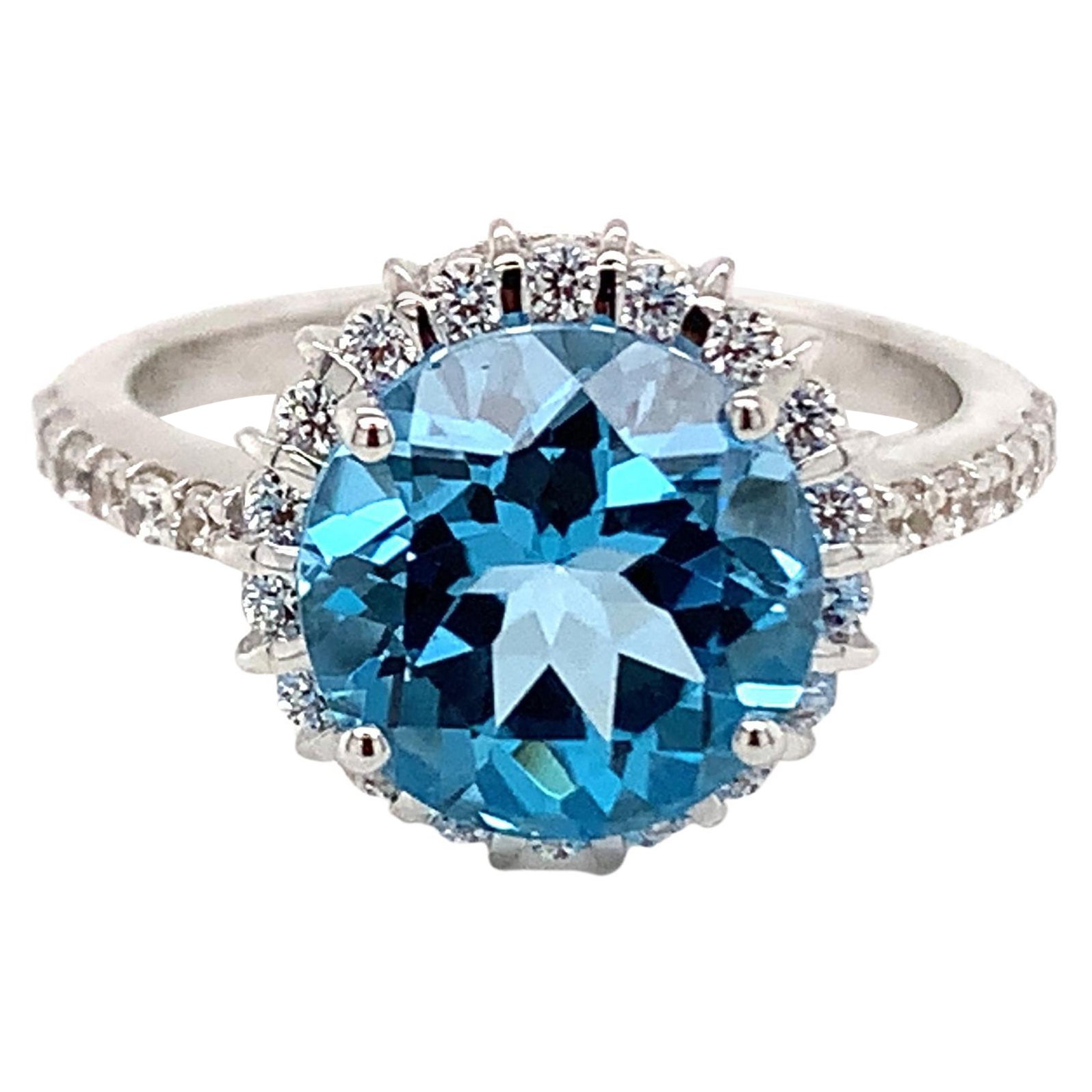Round Natural Swiss Blue Topaz And CZ Rhodium over Sterling Silver Ring For Sale
