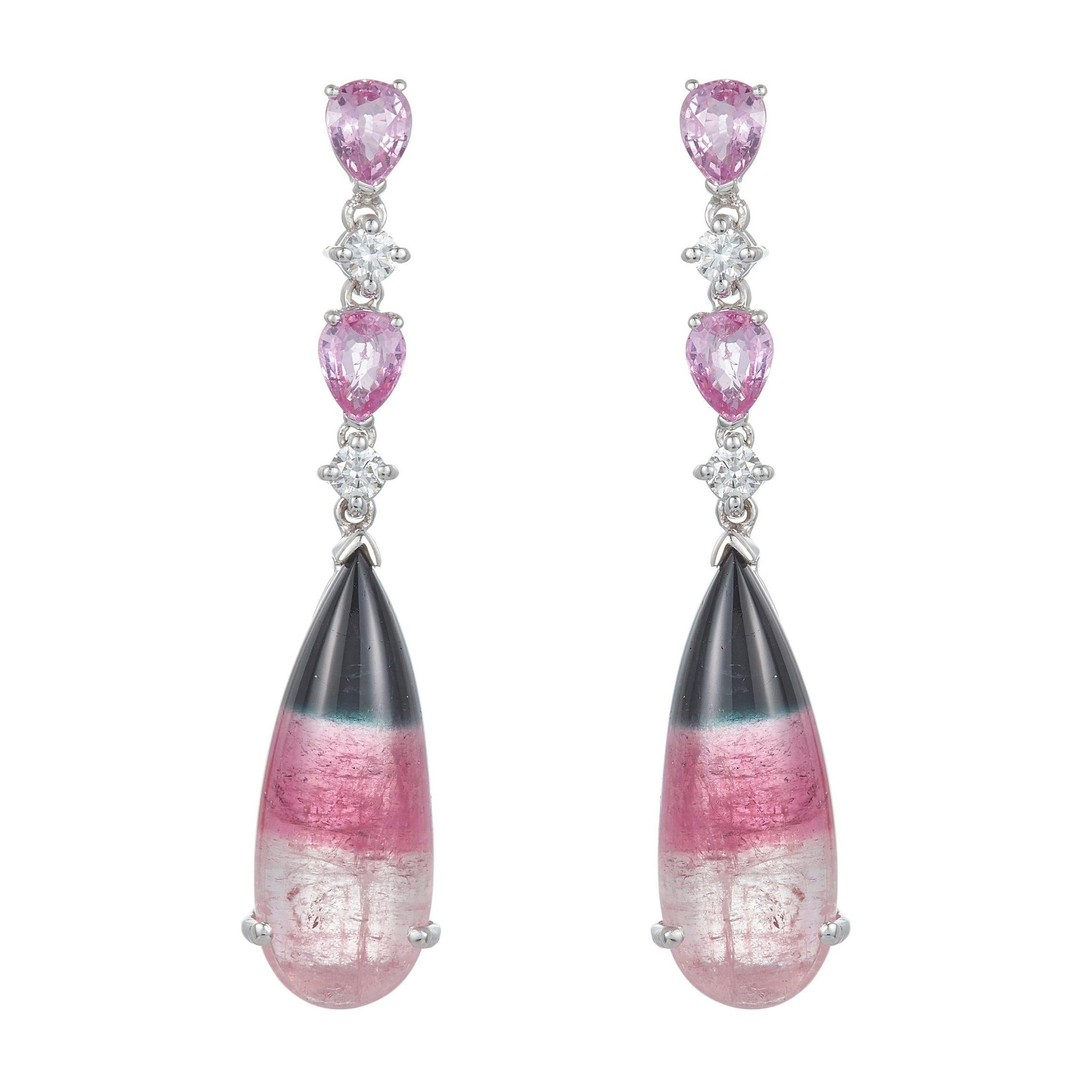 Pear Shape Bicolor Watermelon Tourmaline Earrings Pink Sapphire Diamond 14k Gold For Sale