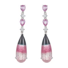 Pear Shape Bicolor Watermelon Tourmaline Earrings Pink Sapphire Diamond 14k Gold